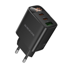 Зарядний блок живлення 2хType-C+USB Borofone BA98A з дисплеєм 30 W 12 V 2.5 A чорний