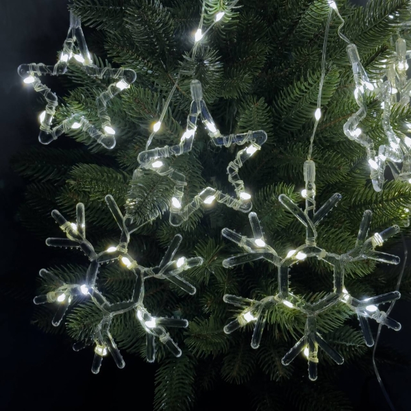 Світлодіодна гірлянда-завіса прозорий дріт Зірки та сніжинки 10 LED 3 х 0.9 м білий