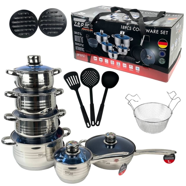 Набір посуду змішаний нержавіюча сталь 18 предметів Zepline ZP-076 зі скляними кришками сріблястий