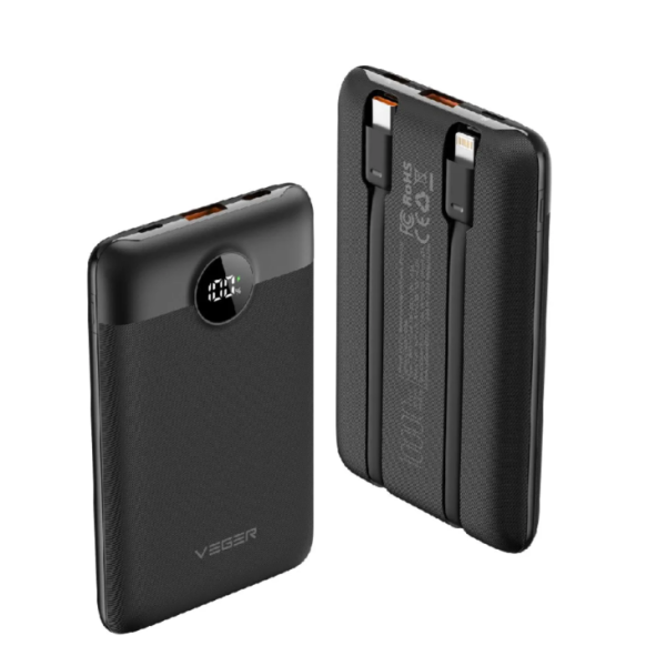 Зовнішній акумулятор VEGER 10000 mAh with built-in cables Type C / Lightning PD QC3.0 2A 22,5W C11 (W1170) black new