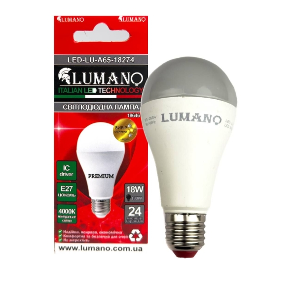 Лампа світлодіодна LED Lumano A65 E27 18W 4000K 1620Lm 18274 нейтральний білий