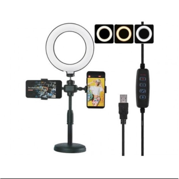 / Кільцева Led лампа Refil Light 16 см на круглому штативі з 2 тримачами, (синя коробка)