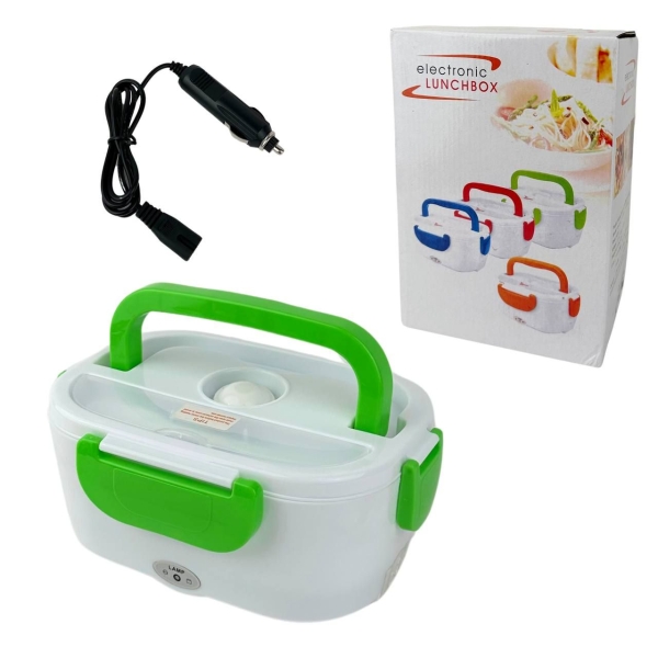 Ланч-бокс електричний універсальний пластиковий з підігрівом 12V білий з зеленим