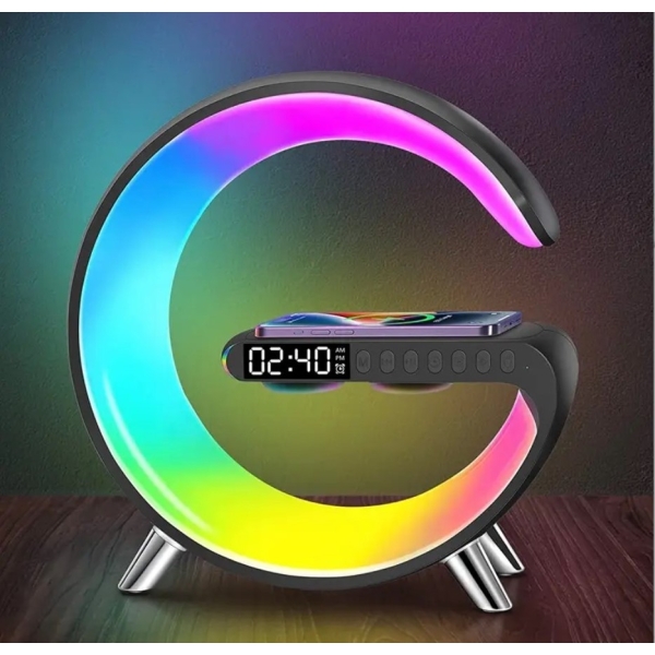 / Світильник-будильник з годиннком, Bluetooth динамік, 15В бездротовий зарядний пристрій RGB40