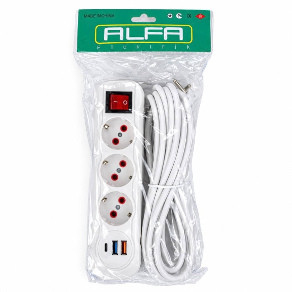 Мережевий фільтр-подовжувач 3 розетки 0313USB-5M 2хUSB/Type C 10 А 5 м білий