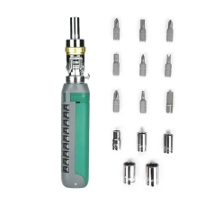 Викрутка 14в1 2024A з насадками храповий механізм сріблястий з зеленим