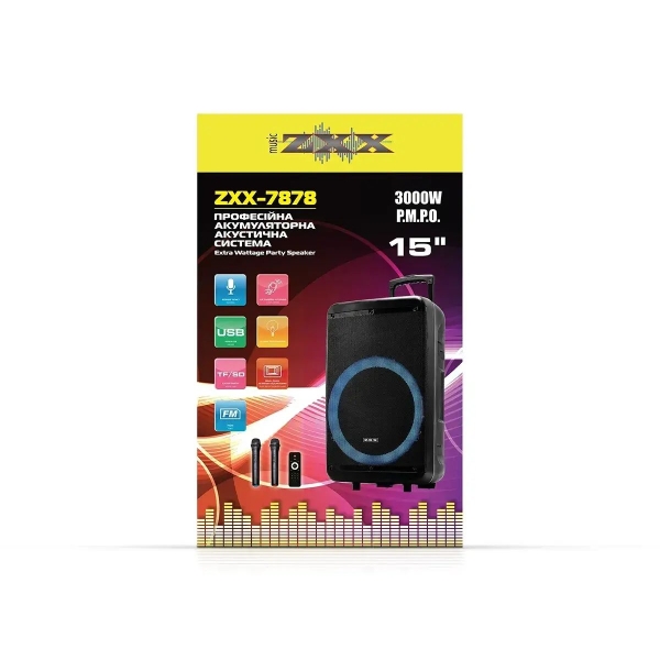 Акустична переносна колонка ZXX-7878 90Вт 15" 72х42х35см USB/SD/FM/BT/TWS/2MIC/ДК new