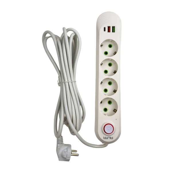 Мережевий фільтр-подовжувач 4 розетки Alfa 498 2хUSB/Type C 10 A 5 м білий