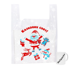 Пакет майка Велпакс "Санта" (400+85х2)х600 мм З ЛОГО 50 мкм прозорий new