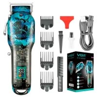 Бездротова машинка для стрижки волосся VGR V-685 USB з дисплеєм 4 насадки чорний з блакитним new