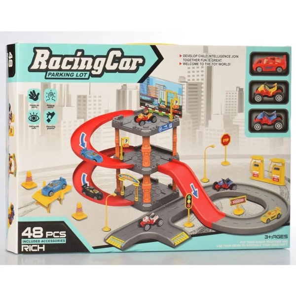 / Парковка для машинок A-Toys P3032 3-поверхова, зі спуском, 3 машинки, 32 деталі