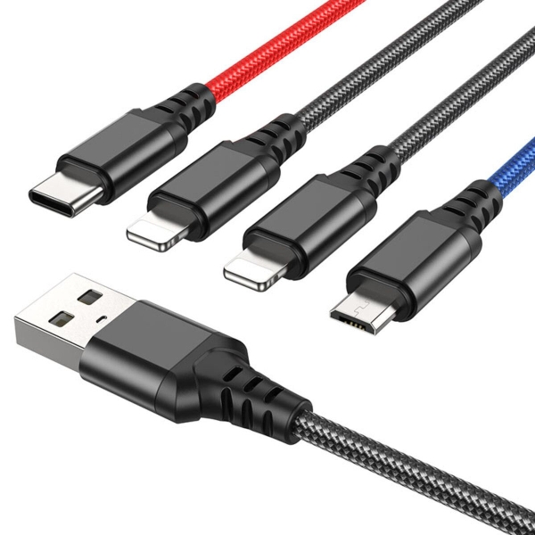 Кабель 4в1 USB/2хApple Lightning+Type-C+microUSB 1 м HOCO X76 2 A різнобарвний