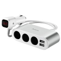 Автомобільний зарядний пристрій 2xUSB HOCO Z13 з дисплеєм та прикурювачами сріблястий