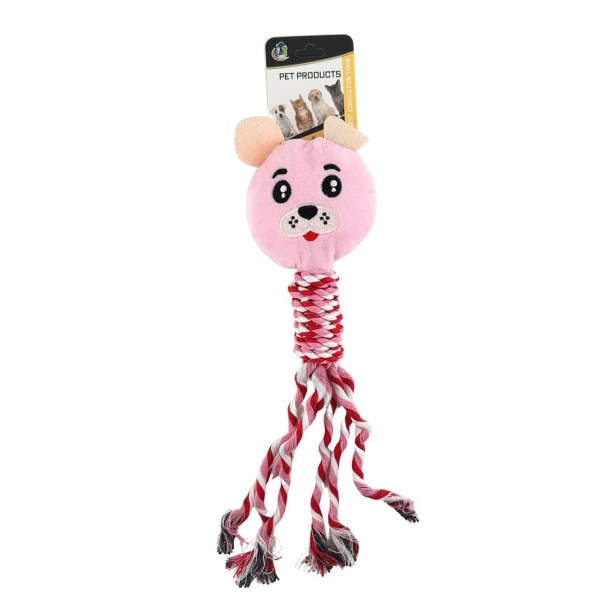 М'яка іграшка для собак Ведмедик з пищалкою та канатом QC-6504/692 30 см рожевий
