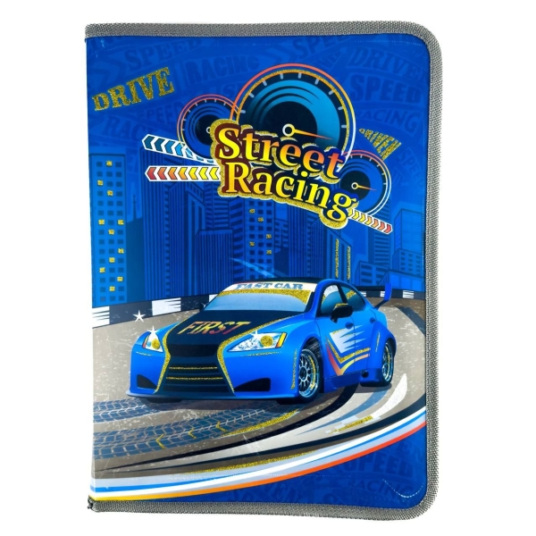 Папка для зошитів А4 KIDIS Street Racing на блискавці пластик синій з сірим