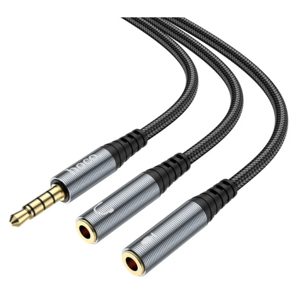 Аудіокабель HOCO UPA21 3.5mm male to 2*3.5mm female, nylon braid, 0.25m, Metal Gray new