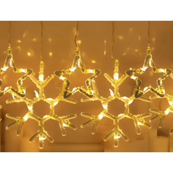 Гірлянда-штора Зірки та сніжинки розмір 3*0,9 м 10 фігур, жовтий new