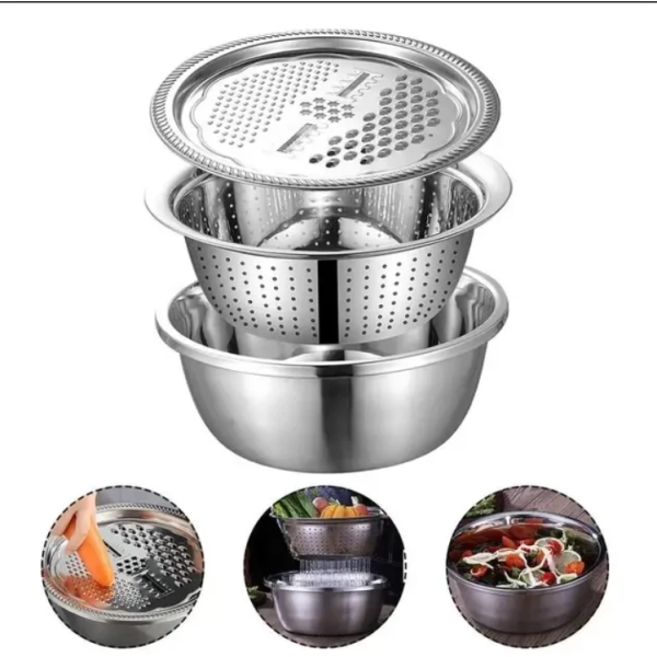 / Багатофункціональний кухонний набір з нержавіючої сталі 3 в 1 Metal Basket Cutter Миска друшляк new