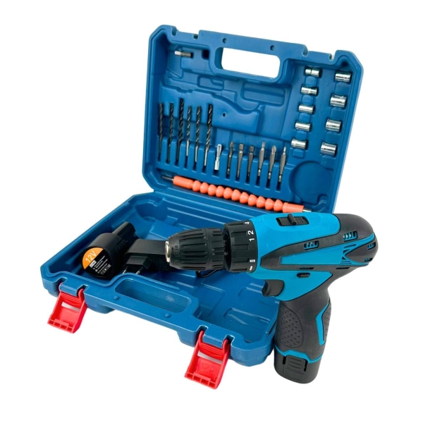 Шуруповерт акумуляторний з набором інструментів 1300 мАг чорний з синім