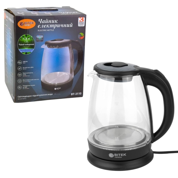 Електрочайник BITEK BT-3110 скло 1.8 л чорний