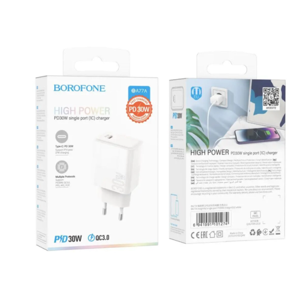 Мережевий зарядний пристрій BOROFONE BA77A Insightful single port PD30W charger White new