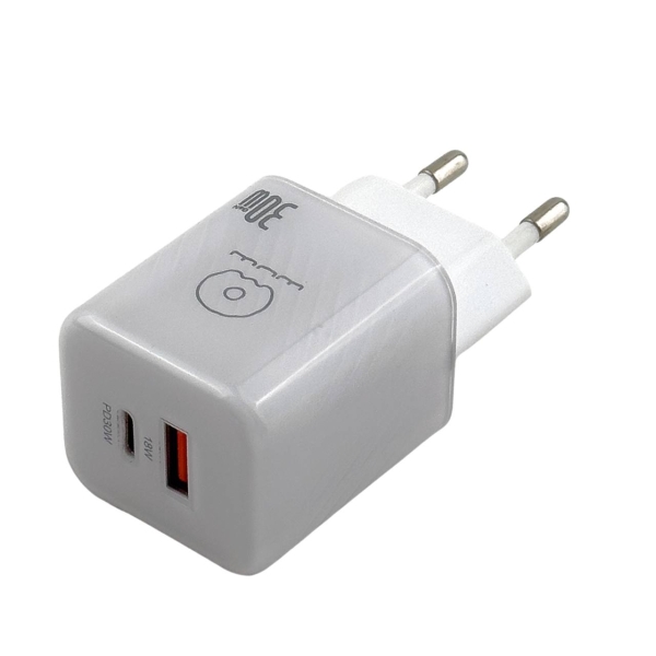 Зарядний блок живлення Type-C+USB WUW C228 30 W 12 V 2.5 A білий