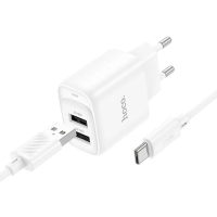 Зарядний пристрій з кабелем 2хUSB/Type-C 1 м HOCO C141A Smart 5 V 2.1 A білий