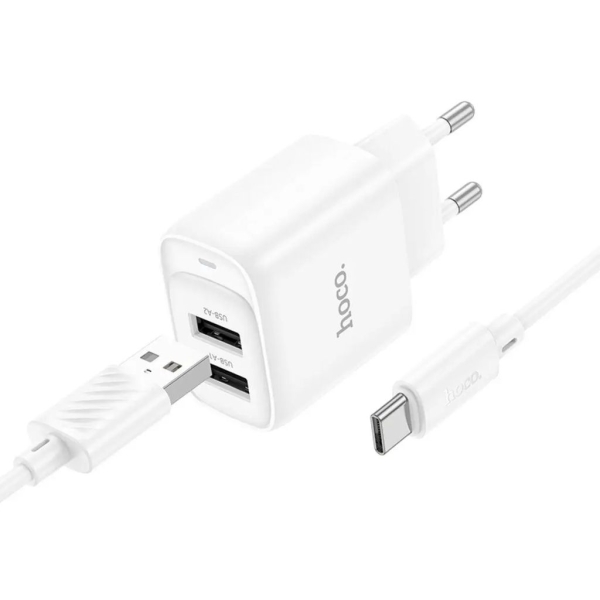 Зарядний пристрій з кабелем 2хUSB/Type-C 1 м HOCO C141A Smart 5 V 2.1 A білий