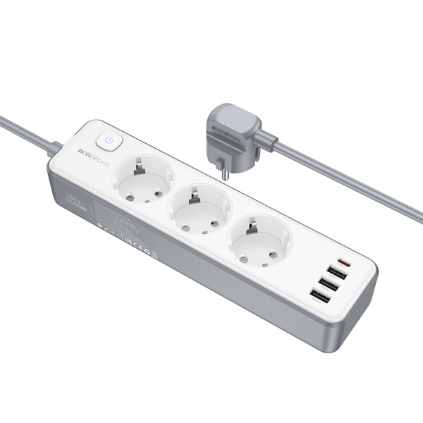 Мережевий фільтр-подовжувач 3 розетки BOROFONE BAC9 Power 3хUSB/Type C 10 А 3 м білий з сірим