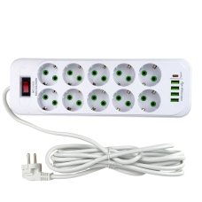 Мережевий фільтр-подовжувач 10 розеток D10 4хUSB/Type C 10 А 5 м білий