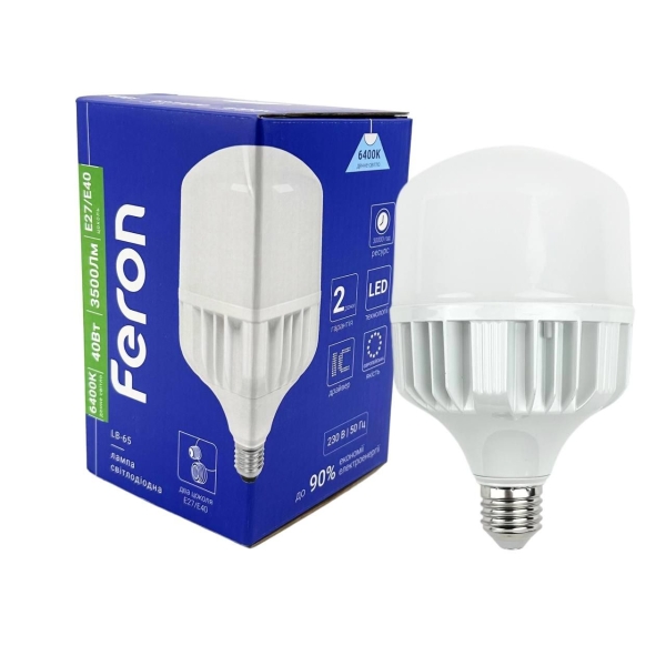 Лампа світлодіодна LED Feron LB-65 E27 40W 6400K 3500 Lm з перехідником Е40 холодний