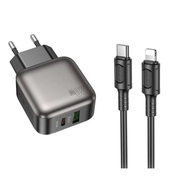 Мережевий зарядний пристрій з кабелем BOROFONE BAS54A Absolute PD20W+QC3.0 charger set (C to iP) (EU