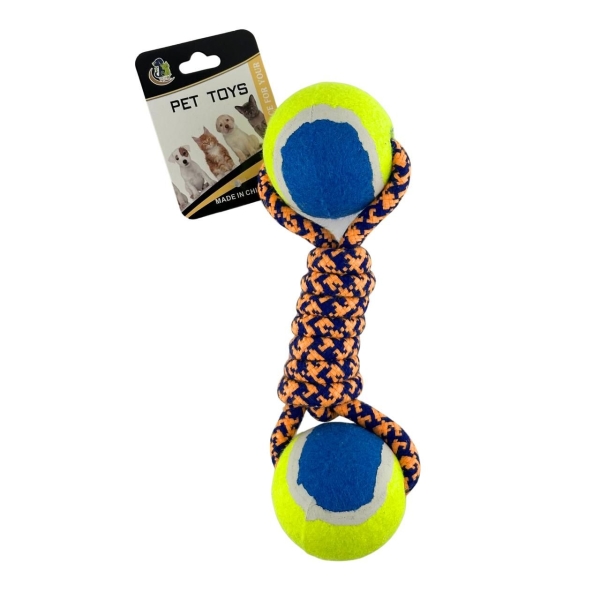 Жувальна іграшка для собак М'ячі з канатом 643 21 см синій з жовтим