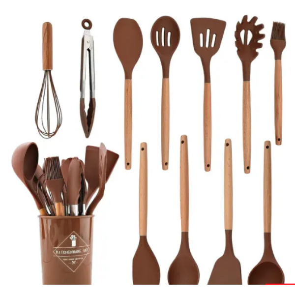 / Силіконовий кухонний набір приладдя Zepline ZP-053 12 предметів (дерево+силікон), коричневий