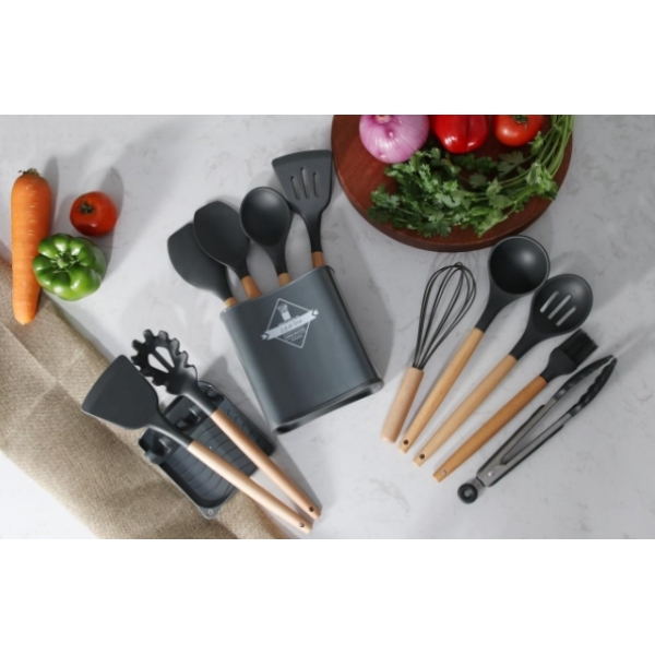 / Силіконовий кухонний набір приладдя Zepline ZP-053 13 предметів (дерево+силікон), сірий