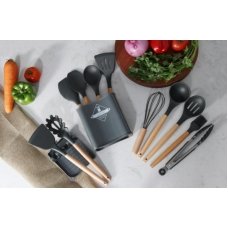 / Силіконовий кухонний набір приладдя Zepline ZP-053 13 предметів (дерево+силікон), сірий
