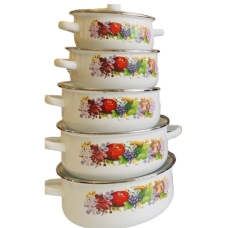 Набір каструль емальована сталь 10 предметів зі скляними кришками білий з малюнком