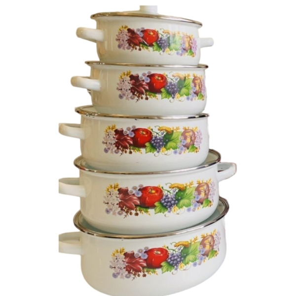 Набір каструль емальована сталь 10 предметів зі скляними кришками білий з малюнком