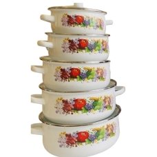 Набір каструль емальована сталь 10 предметів зі скляними кришками білий з малюнком