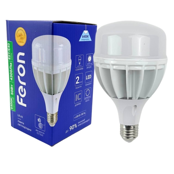 Лампа світлодіодна LED Feron LB-65 E27 50W 6400K 4300 Lm з перехідником Е40 холодний