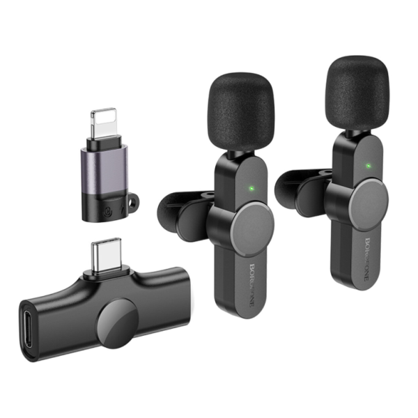 Мікрофон конденсаторний петличний 2 шт BOROFONE BFK12 Trophy Apple Lightning+Type-C для смартфона Bluetooth чорний