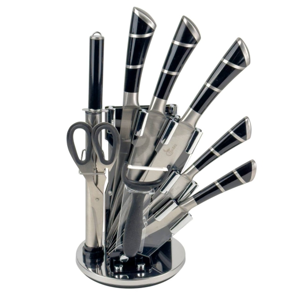 Набір ножів з підставкою 9 предметів UN-99 нержавіюча сталь чорний зі сріблястим