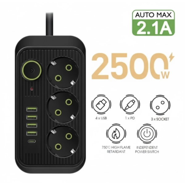 Мережевий фільтр живлення UA Power Socket F09U на 185 см 3 розетки +4USB +Type-C Port, мережевий подовжувач new