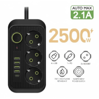 Мережевий фільтр живлення UA Power Socket F09U на 185 см 3 розетки +4USB +Type-C Port, мережевий подовжувач чорний new