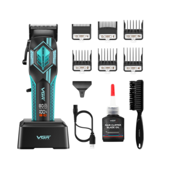 Бездротова машинка для стрижки волосся VGR V-119 USB з дисплеєм 6 насадок чорний з зеленим