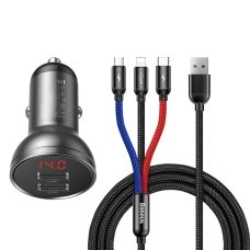 Автомобільний зарядний пристрій Baseus Digital Display Dual USB 4.8A Car Charger 24W+Three Primary Colors 3-in-1 Cable1.2M new