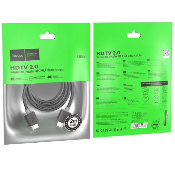 HDTV кабель HOCO US08 HDTV 2.0 male-to-male 4K HD data cable 2m. Black new