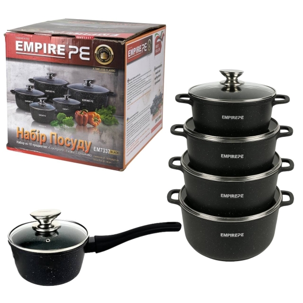 Набір каструль гранітне покриття 10 предметів Empire EM-7337 Блек зі скляними кришками чорний