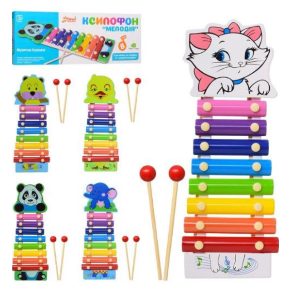 Дерев'яна іграшка Ксилофон MD 0712  тварина, 8тонів, мікс видів, в кор-ці, 35,5-13,5-3см new