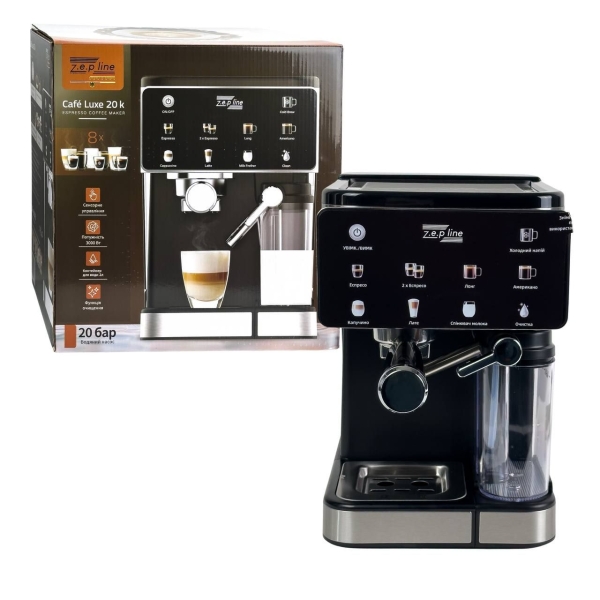Кавомашина рожкова Zepline ZP-6806 з капучинатором 3000 Вт 2 л чорний зі сріблястим
